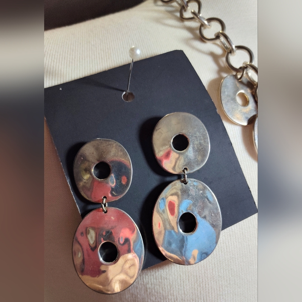 Silver Disc Statement Necklace Earring Set - image 2